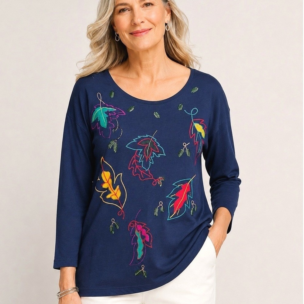 Capistrano Women Top 14/16 Navy Blue Embroidered Leaf Beaded Tunic Fall Casual